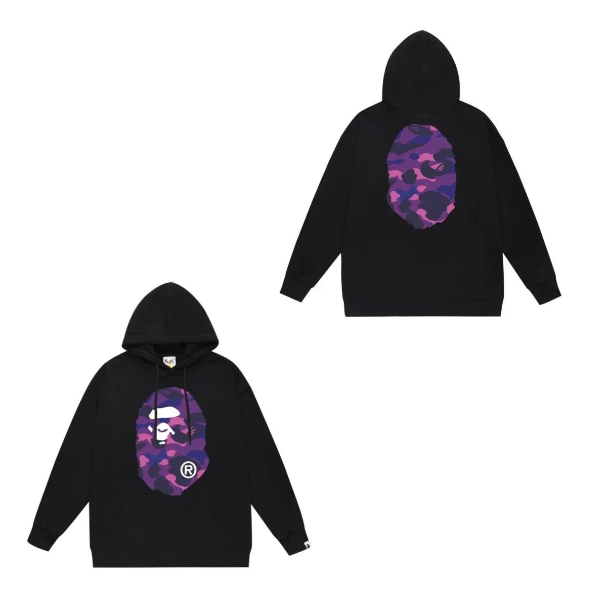 A Bathing Ape Purple Camo Ape Head Black Hoodie