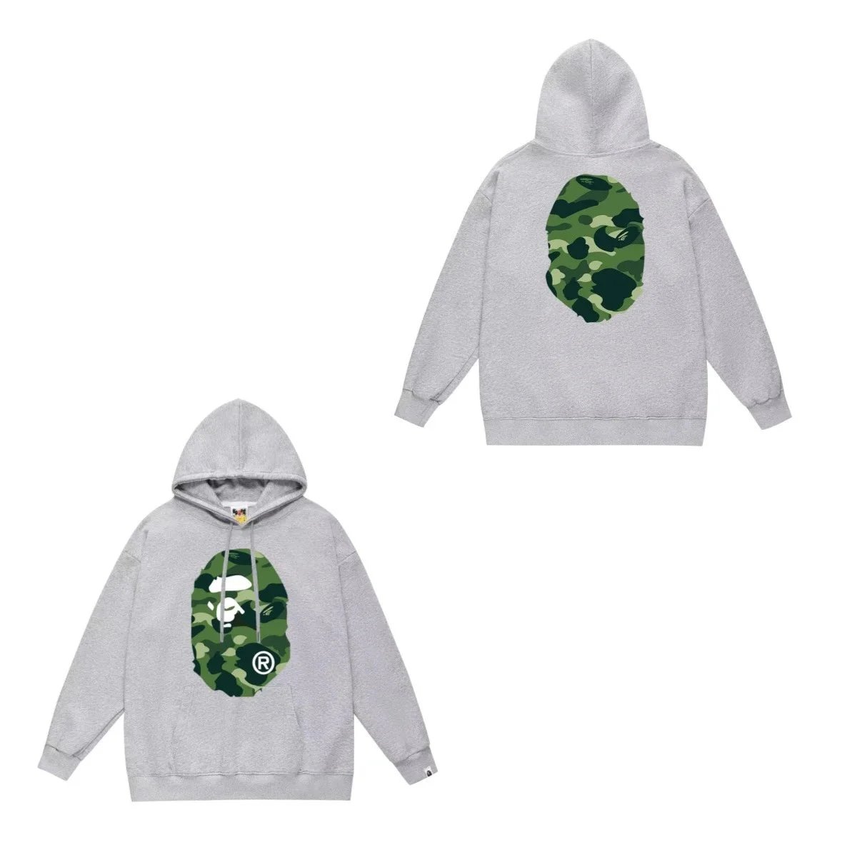 A Bathing Ape Green Camo Ape Head Grey Hoodie