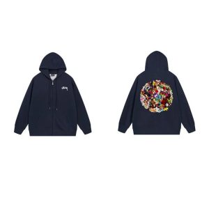 Stussy Navy Zip Hoodie Floral Back Graphic Streetwear