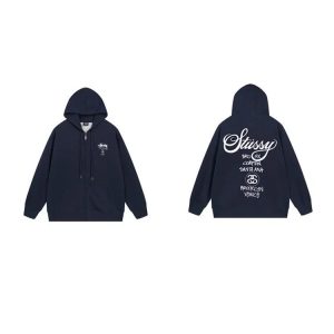 Stussy Navy Zip Up Logo Hoodie Streetwear Jacket