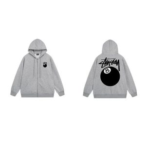 Stussy 8 Ball Grey Zip Up Hoodie