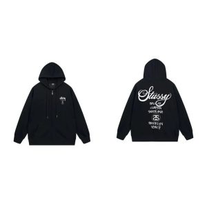 Stussy Black Zip Up Hoodie Logo Streetwear Jacket