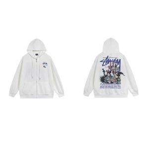 Stussy White Zip Hoodie Back Graphic Streetwear Jacket