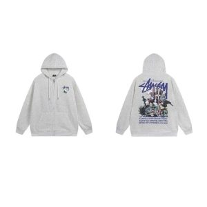 Stussy Grey Zip-Up Graphic Hoodie Streetwear Sweatshirt