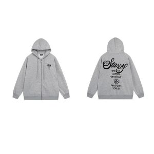 Stussy Grey Zip Up Hoodie Back Logo Streetwear Sweatshirt