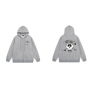 Stussy Skull Graphic Zip Up Hoodie Gray