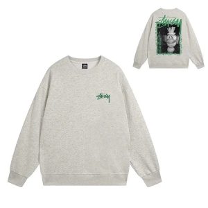 Stussy Grey Crewneck Sweatshirt Green Logo Graphic Sweater