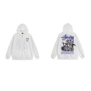 Stussy White Zip Hoodie Floral Back Graphic Sweatshirt