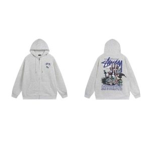 Stussy Gray Graphic Zip Up Hoodie Streetwear