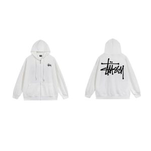 Stussy White Zip Up Logo Hoodie Streetwear Jacket