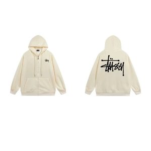 Stussy Cream Zip Hoodie Big Logo Streetwear Jacket