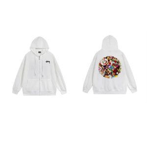 Stussy White Zip Hoodie Floral Back Graphic Sweatshirt