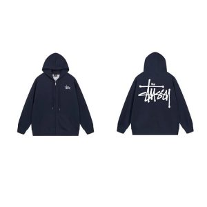 Stussy Navy Zip Up Hoodie Logo Sweatshirt