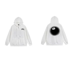 Stussy 8 Ball White Zip Hoodie Streetwear Sweatshirt