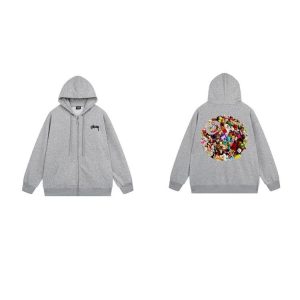 Stussy Grey Zip Up Hoodie Casual Streetwear