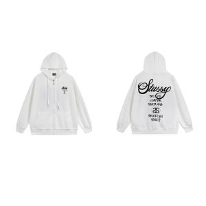 Stussy White Zip Up Hoodie Back Logo Streetwear