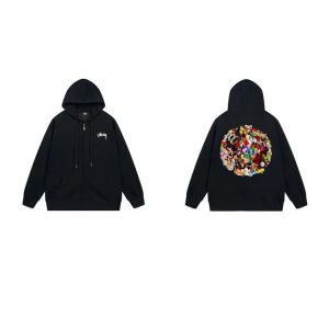 Stussy Black Zip Hoodie Colorful Floral Back Graphic