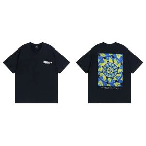 Stussy Blue Floral Graphic Black Short Sleeve T-Shirt