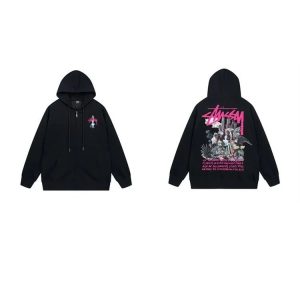 Stussy Black Graphic Zip Up Hoodie Streetwear Top