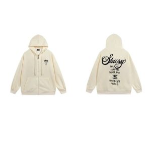 Stussy Cream Zip Up Hoodie Graffiti Logo Streetwear