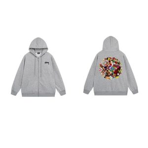 Stussy Grey Zip Hoodie Floral Back Graphic Sweatshirt
