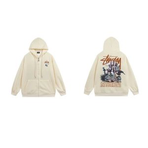Stussy Cream Zip Hoodie Floral Graphic Streetwear