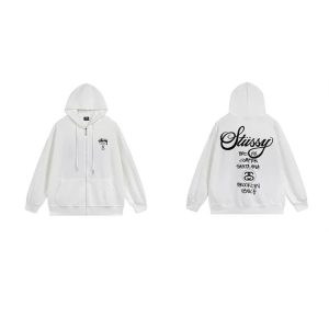 Stussy White Zip Up Hoodie Graphic Logo Sweatshirt