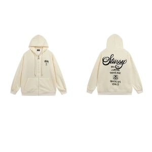 Stussy Cream Zip Up Graphic Hoodie Streetwear Jacket