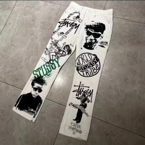 Stussy White Graffiti Print Denim Pants Streetwear Jeans