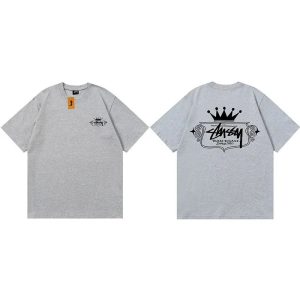 Stussy Crown Logo Grey Graphic T-Shirt