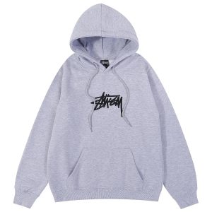 Stussy Grey Logo Pullover Hoodie Streetwear Sweatshirt