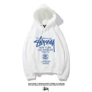Stussy World Tour White Pullover Hoodie Blue Logo