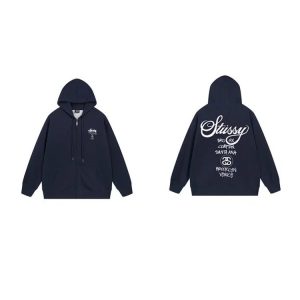 Stussy Navy Zip Up Hoodie Back Logo Streetwear