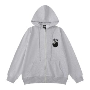 Stussy 8 Ball Grey Zip Up Hoodie Streetwear