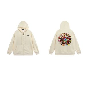 Stussy Flower Print Zip Up Hoodie Cream