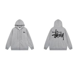 Stussy Gray Zip Up Logo Hoodie for Men