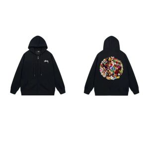 Stussy Black Zip Hoodie Floral Back Graphic Streetwear