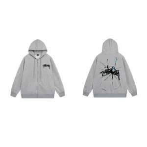 Stussy 8 Ball Cracked Logo Grey Zip Hoodie