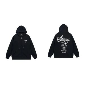 Stussy Black Zip Hoodie Back Logo Streetwear Sweatshirt