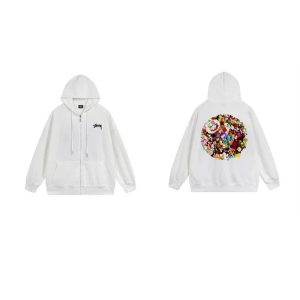 Stussy White Zip Hoodie Floral Back Graphic