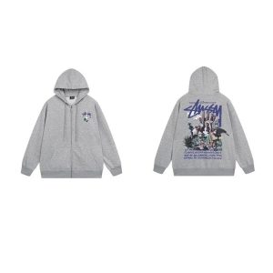 Stussy Grey Zip Up Hoodie Graphic Back Sweatshirt