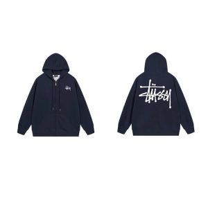 Stussy Navy Zip Hoodie Big Logo Streetwear Jacket