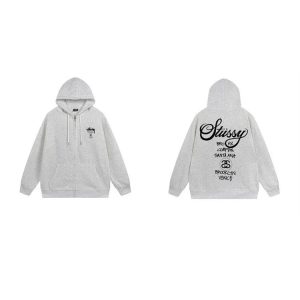Stussy Grey Zip Up Hoodie Back Logo Sweatshirt