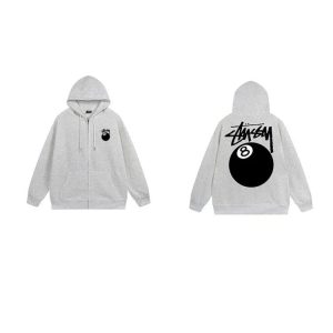 Stussy 8 Ball Grey Zip Hoodie Streetwear Jacket