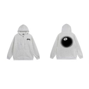 Stussy 8 Ball Grey Zip Up Hoodie Streetwear Jacket