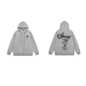 Stussy Grey Zip Up Hoodie Back Logo Sweatshirt