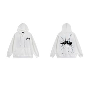 Stussy 8 Ball White Zip Up Hoodie Streetwear Jacket