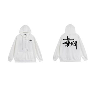 Stussy White Zip Up Hoodie Graffiti Logo