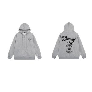 Stussy Gray Zip Up Hoodie Graphic Logo Sweatshirt