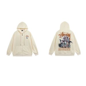 Stussy Beige Graphic Print Zip Up Hoodie